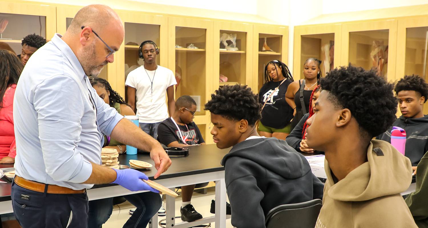 A health science professor shows a group of students a cross section of a brain in a science lab.